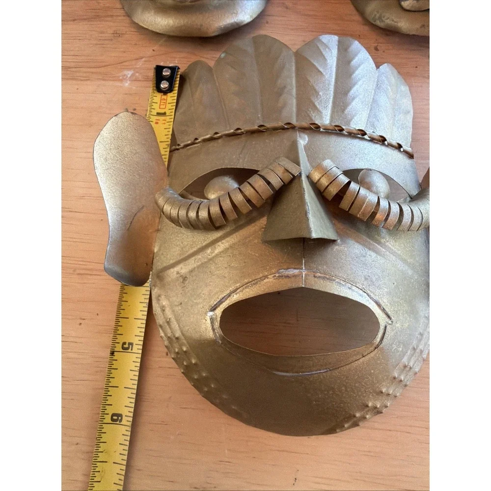 3 VNTG Mexican Tin Metal Masks Beaded Eyes Folk Art Primitive Style Tribal 6